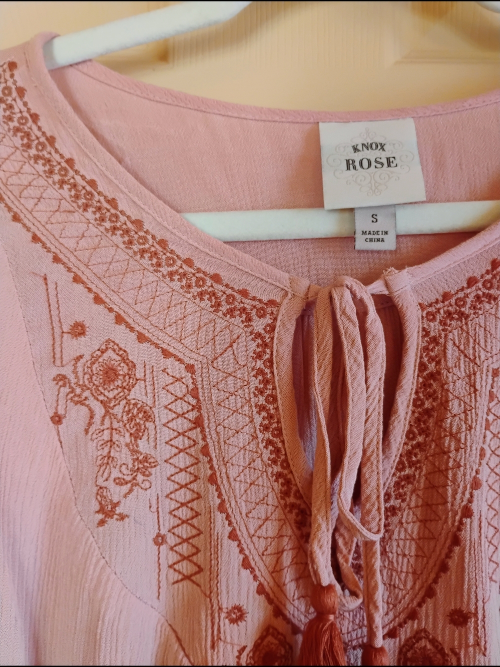 Knox Rose Blush Pink Tassel Peasant Top with Rust Embroidery